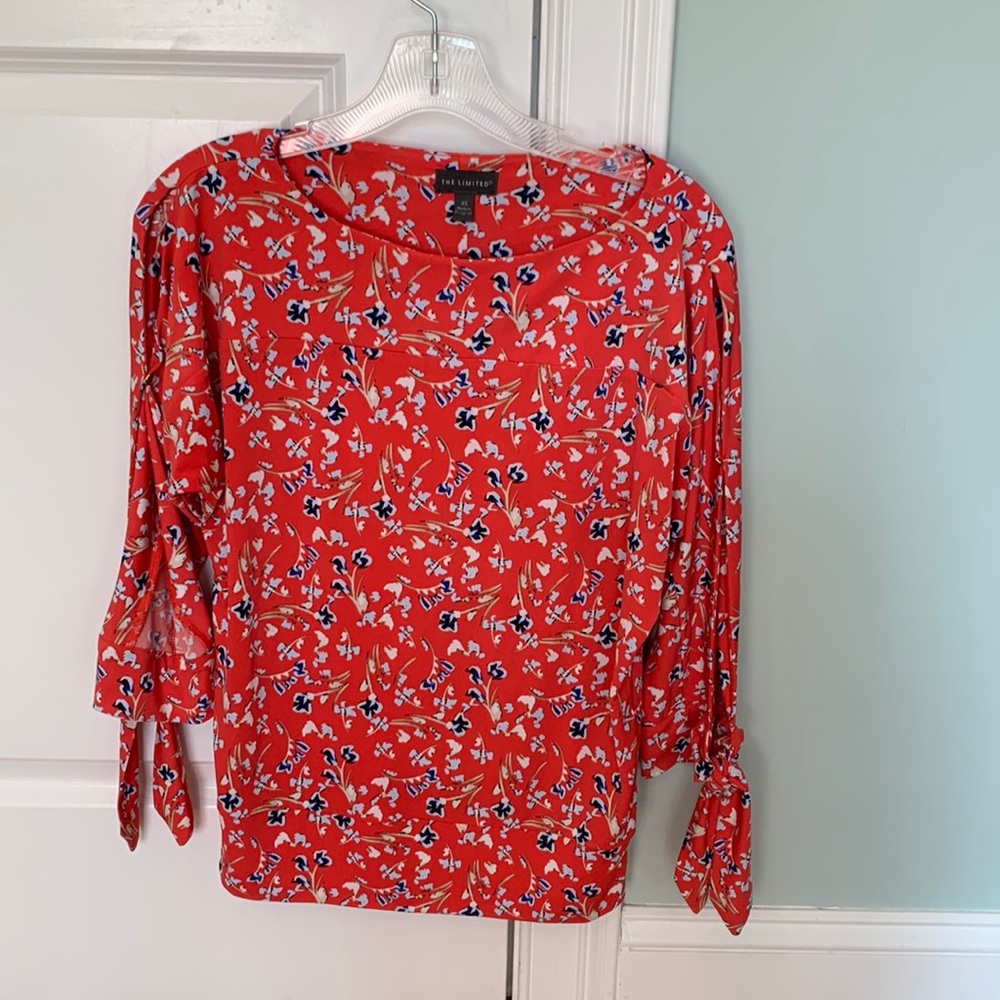 The Limited Orange and Blue Floral Boatneck Blouse, Open Sleeves, Size XS